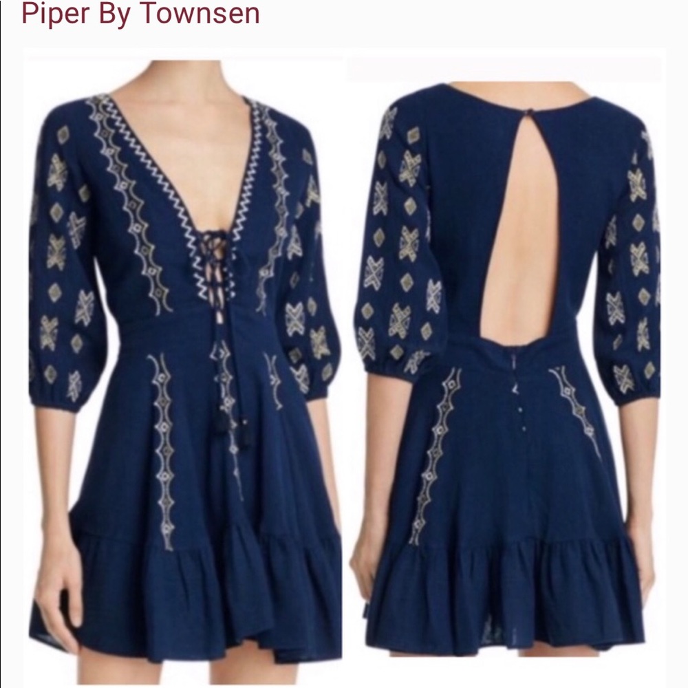Piper Navy Tribal Embroidered Mini Dress Sz S